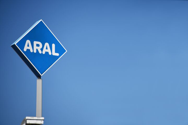 Bayreuth, Bavaria / Germany - May 21, 2018: The logo of ARAL in Bayreuth, Germany - ARAL is a brand of automobile fuels and petrol stations present in germany and Luxembourg