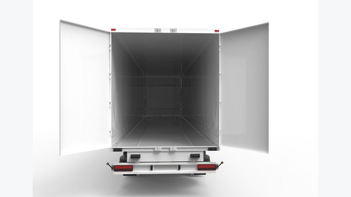 Back white truck with open empty trailer