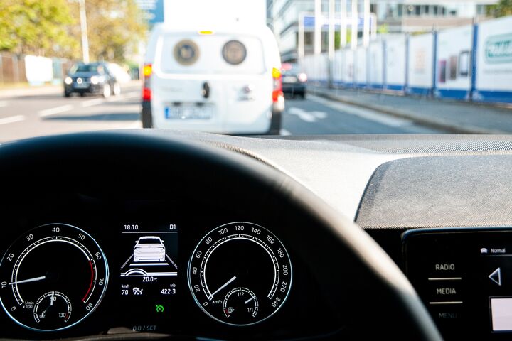 ACC, Skoda, adaptive, automation, autonomous, car, city, control, cruise, dashboard, day, display, driverless, follow, road, traffic, transportation, vehicle, blur