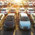 Dealer Vehicles in Stock. Brand New Cars Awaiting Clients on the Dealer Parking Lot. New Cars Section.