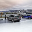 Audi Q8 e-tron quattro, Static photo, Colour: Chronos Gray metallic. Audi SQ8 Sportback e-tron quattro, Static photo, Colour: Ultra Blue metallic.