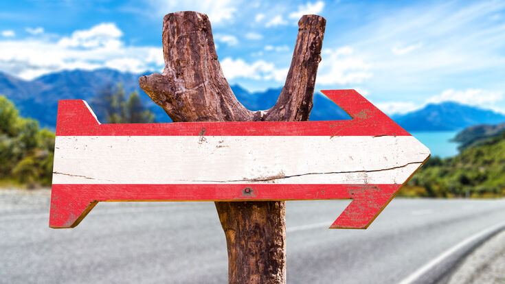 © gustavofrazao - stock.adobe.com flag austria austrian alps rural travel street road arrow background concept country destination direction directional drive highway holiday horizon landscape nature path sign summer tour tourism vacation way wood wooden environment countryside mountains asphalt outdoor europe european tyrol tirol grossglockner hallstatt vienna graz linz salzburg innsbruck klagenfurt villach wels sank polten