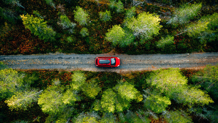 © nblxer - stock.adobe.com aerial car road forest rack finland closeup red roof vehicle equipment tree wood trunk plastic baggage luggage black box auto above green close-up rural country pine foliage sweden fall through way autumn park drive curve nature landscape view background summer travel natural drone top outdoor countryside transport beautiful trip path