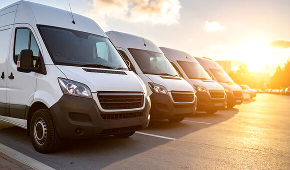 White delivery vans parked in a row at sunset